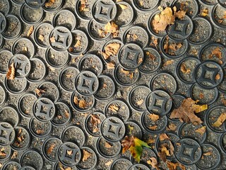 Abstract autumn background with dry leaves on a patterned rubber grid pavement. The circular, geometric texture of the ground contrasts with the organic shapes of the fall foliage.