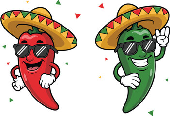 Funny chili pepper characters with sombreros, cartoon spicy vegetables, Mexican food theme, fiesta party design, vector illustration, red and green peppers, sunglasses