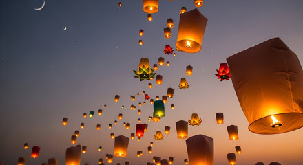 glowing paper lanterns floating softly in the evening sky.