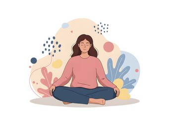 Illustration of Woman Meditating with Abstract Leaves