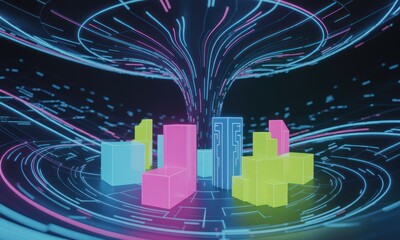 Neon-lit, futuristic tunnel with glowing, abstract blocks