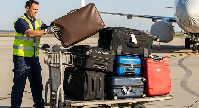 A professional ground handler worker wearing reflective high visibility safety gear loads various passenger luggage pieces onto a trolley at the airport tarmac during the busy summer travel