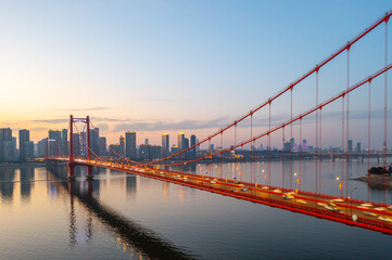 Aerial view of Wuhan skyline and Yangtze river with supertall skyscraper under construction in Wuhan Hubei China.