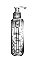 Vector hand drawn vintage illustration of cosmetic bottle in vintage engraved style. Package for shampoo, cream, tonic, lotion, serum. Black and white sketch isolated on white background
