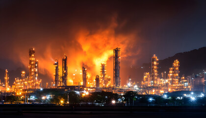 Fototapeta premium Oil and gas refinery night on fire, global business, energy logistics, petrochemical industry, petrochemical industry, industrial refinery energy supply chain