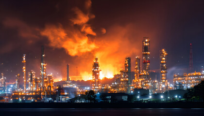 Oil and gas refinery night on fire, global business, energy logistics, petrochemical industry, petrochemical industry, industrial refinery energy supply chain