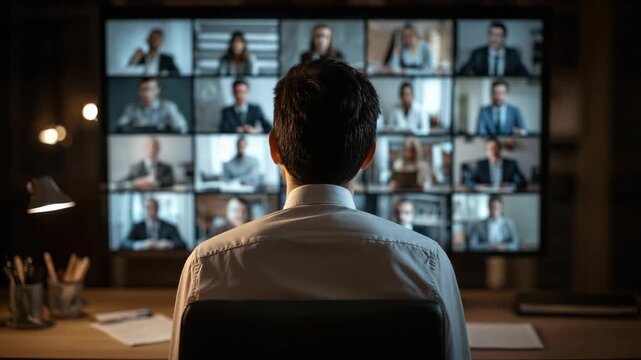 Video Conference: Man in white shirt participates in a virtual meeting with multiple attendees displayed on a large screen, showcasing remote collaboration.