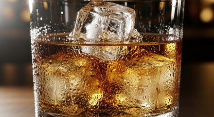 Close-up of a refreshing glass of amber whiskey with ice cubes and condensation on a dark, ambient background.