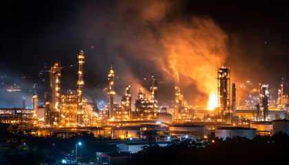 Oil and gas refinery night on fire, global business, energy logistics, petrochemical industry, petrochemical industry, industrial refinery energy supply chain