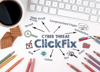Cyber Threat ClickFix Concept. Chart with keywords and icons. White office desk