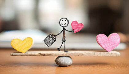 Balancing a briefcase and heart, a stick figure shows the need to manage work responsibilities alongside emotional and personal life