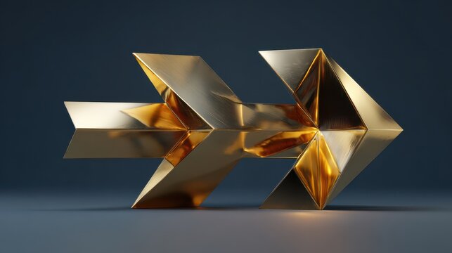 Geometric Golden Arrow Sculpture on Dark Background, Metallic Shine - Powered by Adobe