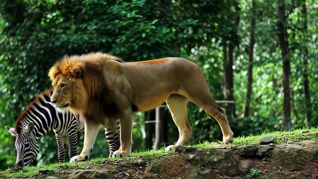 Lion and Zebra Standing on the Grass, Captivating Wildlife in the Jungle Scenery