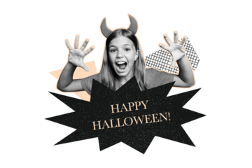 Composite artwork sketch image collage of happy halloween poster spooky season silhouette young girl school age gesture scary horns devil