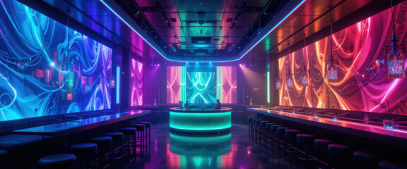 Vibrant neon dance party urban nightclub digital art modern atmosphere wide angle nightlife experience