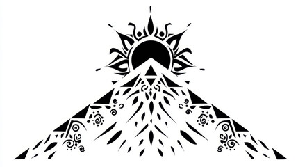Abstract Black and White Mountain Silhouette with Sun Design for Artistic and Creative Projects