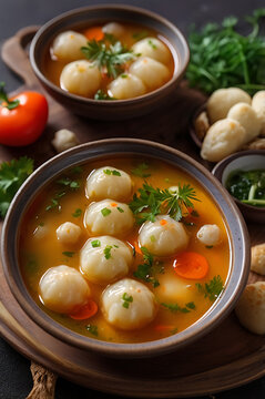 Azerbaijani dushbara soup with tiny dumplings in clear broth, garnished with fresh herbs. Traditional Azerbaijani food. Authentic Caucasian kitchen. Beef recipes. Soups of different countries