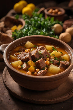 Azerbaijani bozbash soup with lamb, chickpeas, potatoes, and quince. Traditional Azerbaijani food. Authentic Caucasian kitchen. Beef recipes. Soups of different countries