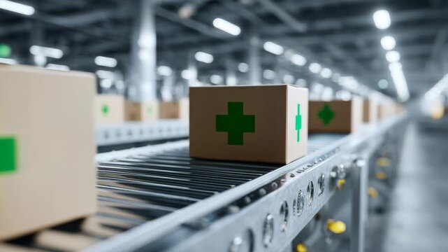 Medical Supply Boxes on Conveyor: Boxes with a green cross symbol move along a conveyor belt in a warehouse, indicating healthcare or pharmaceutical products.
