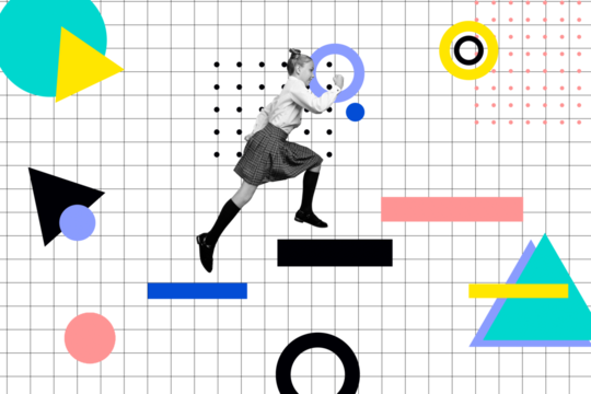 Composite photo collage of cute blonde girl run colorful shape figures geometry lesson education study isolated on painted background