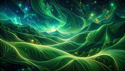 Mystical green landscape under starry night