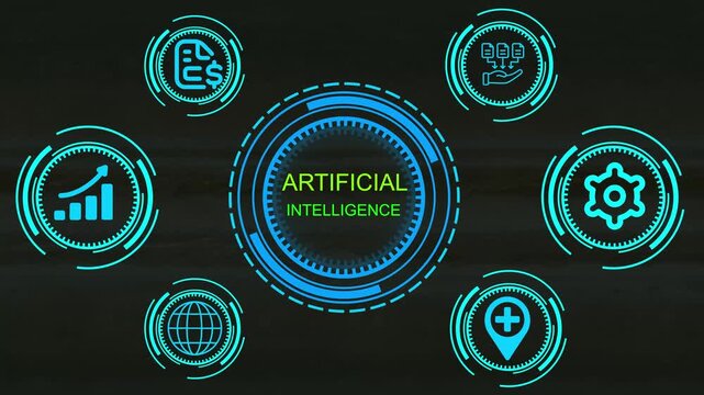 Artificial .Futuristic digital with central text surrounded by circular HUD elements and red icons for idea gears brain growth chart and lock .