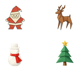 Fototapeta premium Origami Christmas Illustrations with Santa Claus, Reindeer, Snowman, and Christmas Tree, Transparent Background