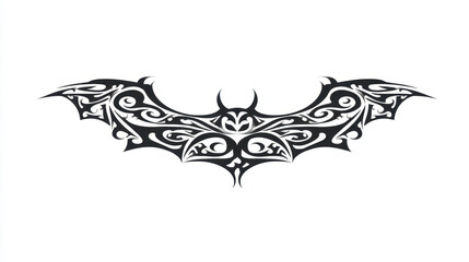 Intricate Black Tribal Bat Design with Detailed Patterns and Graceful Curves on a White Background