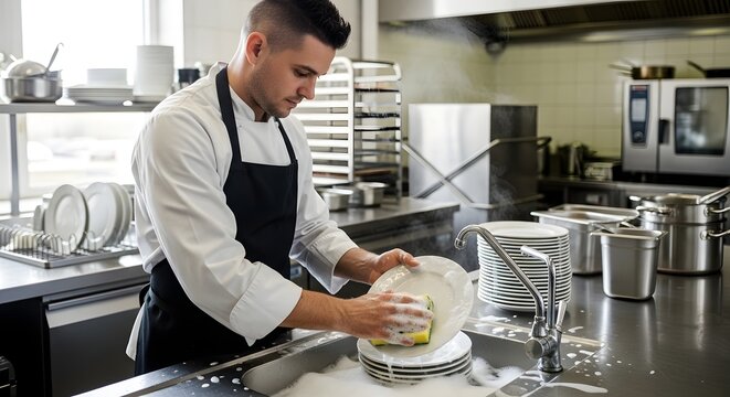 Professional chef or kitchen staff washing dishes by hand in a busy commercial restaurant kitchen, focusing on hygiene and cleanliness.