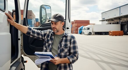 Professional truck driver checking documents next to his semi-truck at a busy logistics and distribution center, ready for freight transport.