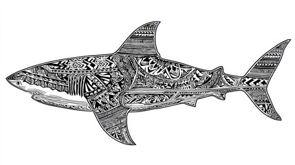 Intricate Black and White Shark Illustration with Detailed Patterns and Tribal Designs