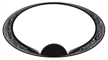 Abstract black and white oval frame design with intricate swirling patterns and a central dark circle