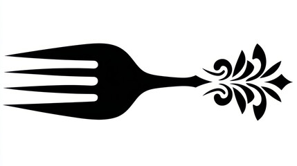 Elegant Vintage Fork Silhouette Design with Intricate Floral Ornamentation for Culinary or Dining Themes