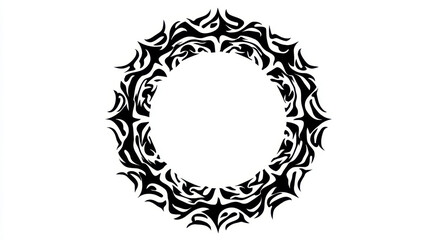 Intricate Black and White Decorative Circular Design with Flame-Like Patterns and Open Center