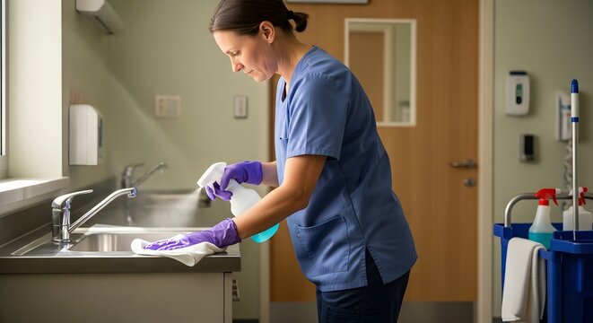 Healthcare worker disinfecting stainless steel sink in medical facility for hygiene