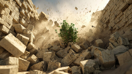 green sapling sprouting amidst collapsed brick wall debris soft sunlight filtering dust resilience symbolism illustration concept scene visual for commercial design use high detail quality stock image