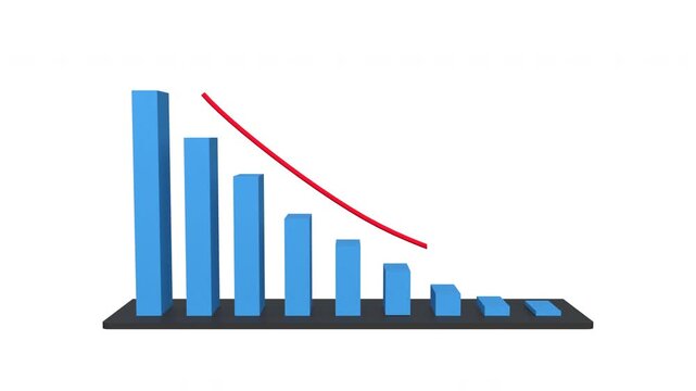 Blue bar chart with red arrow moving down, reduction, crisis, risk, problems. Recession, decreased, weak business, symbol, graph, presentation, report, financial. 3D animation