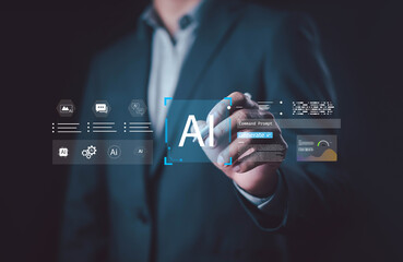 Business using artificial intelligence digital interface with AI icons, data charts, and command prompt, symbolizing machine learning, automation, innovation, future technology in business solutions.