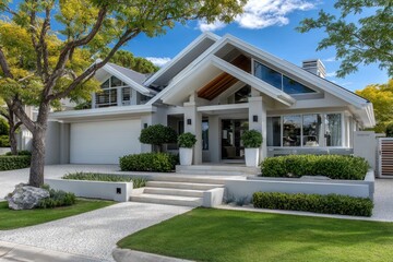 a modern home, with a white front fence and grey accents. the grassy yard features a brick planter on the side, and the clear blue sky is visible in the front view.