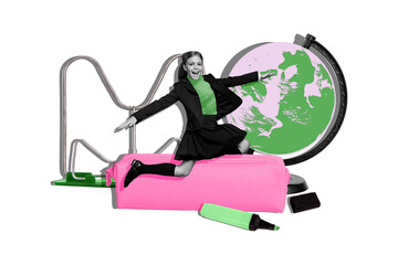 Composite photo collage of happy blonde schoolgirl ride pencil case globe geography lesson supplies...