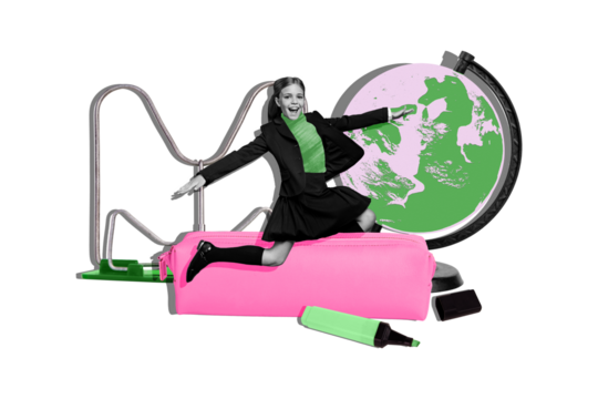 Composite photo collage of happy blonde schoolgirl ride pencil case globe geography lesson supplies prepare isolated on painted background