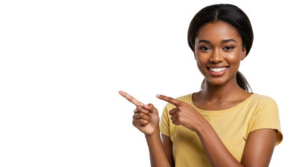 Young, ethnically diverse woman with a cheerful smile, pointing left on a bright white studio background, ample copy space. Concept of positive guidance