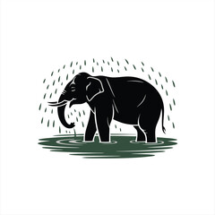 Majestic Black Elephant Silhouette Standing In Water Underneath A Dark Rainy Sky With Tropical Plants Representing African Wildlife