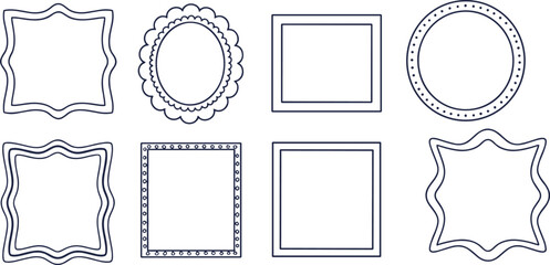Collection of decorative frames and borders in square, round, oval shapes with wavy edges, outline style for design projects