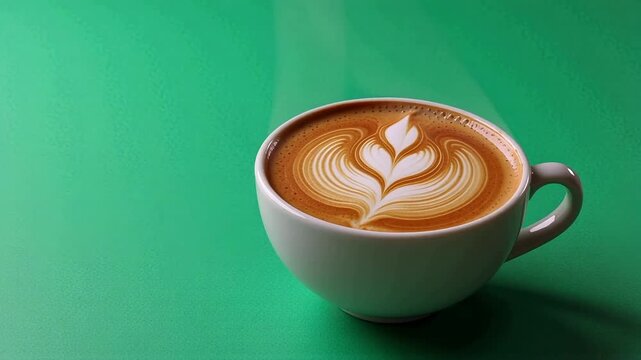 Steaming latte art coffee in a white cup on a vibrant green background