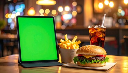 Green Screen Tablet Display Mockup with Burger, Fries, and Drink on Restaurant Table
