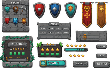 Medieval RPG game UI kit vector with shields, buttons, banners, menus, icons, and victory defeat screens for mobile games