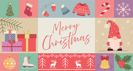 Merry Christmas is written on the banner. The banner features a variety of Christmas-themed images, including a gnome, a bell, and a Christmas tree