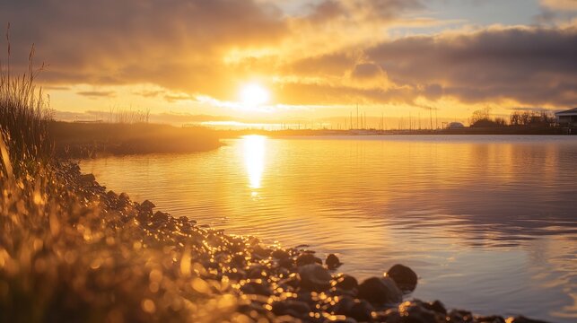 Sunset over the water. Realistic sunrise video of the river in steveston harbor. A field of 4k uhd 4k in british columbia. Twilight above the water lifestyle.