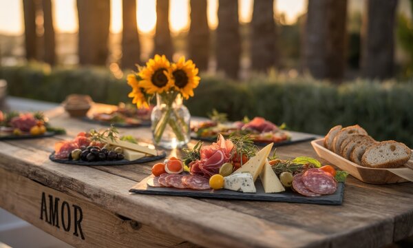 Outdoor buffet spread at sunset. Wooden table laden with charcuterie, cheeses, and bread, featuring sunflowers in a vase. Warm golden light